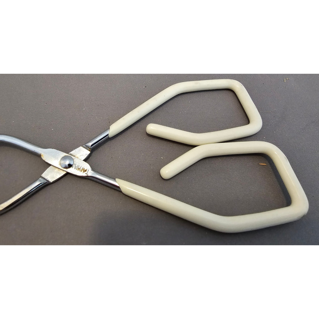 Vintage White Rubber Handle 8-1/2" Angled Stainless Steel Tongs - Made in Taiwan