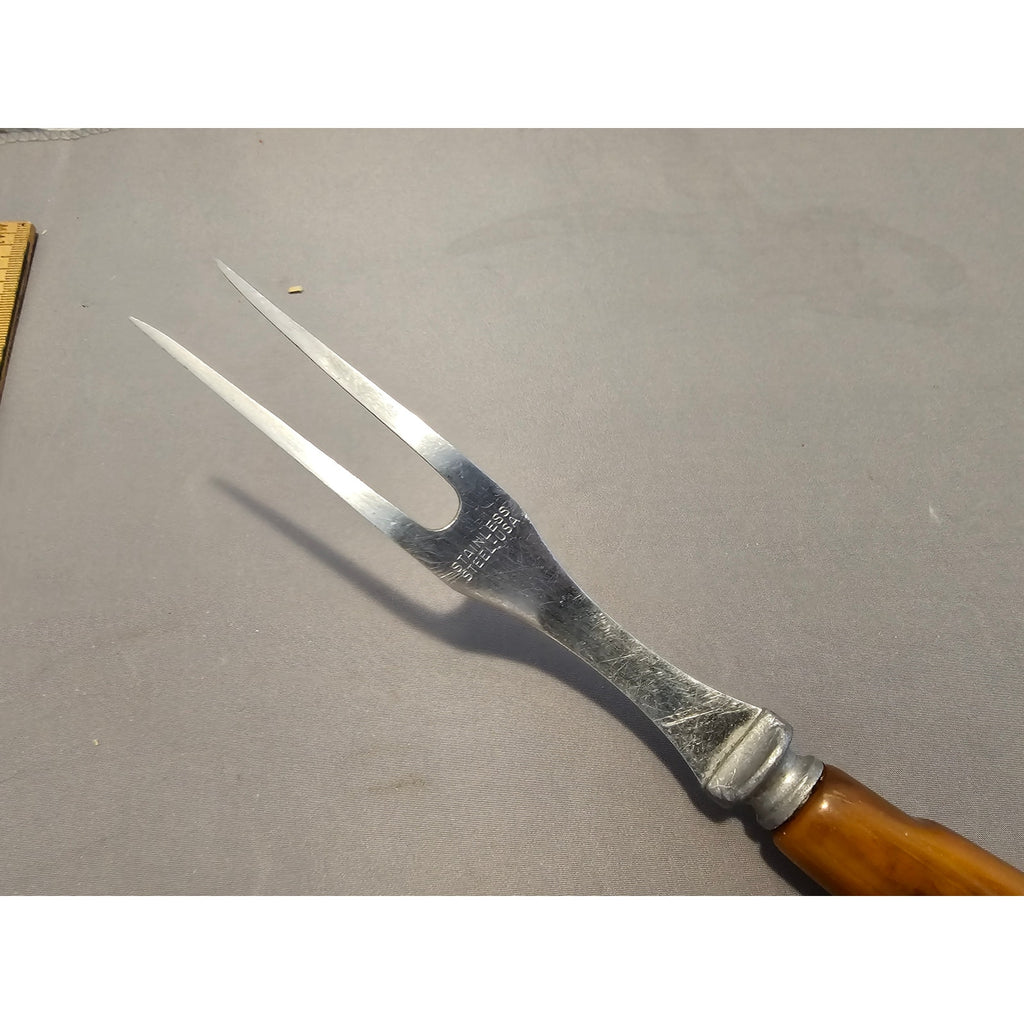Vintage 2-Prong Stainless Steel Meat Carving Fork w/Antler Handle - 10” Length