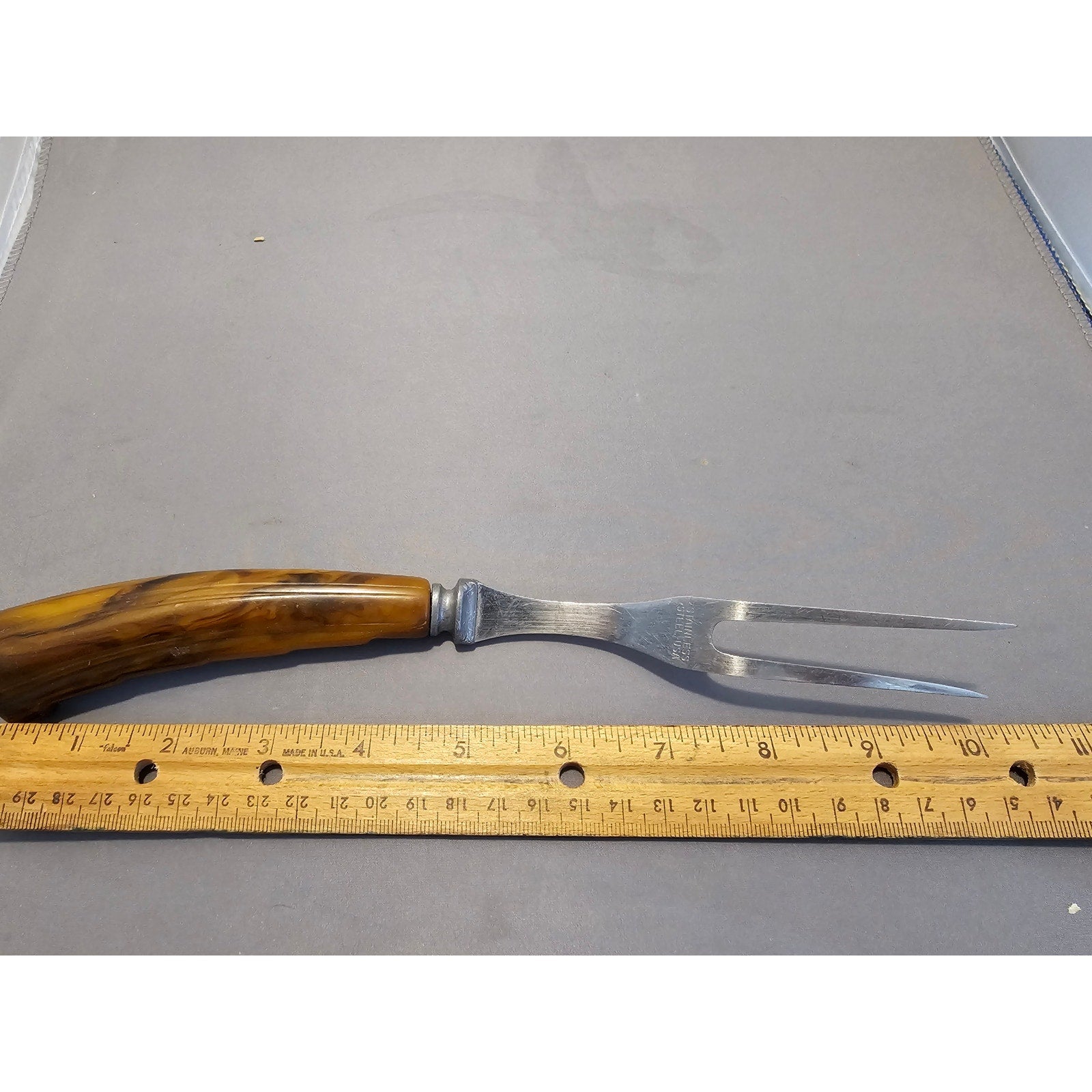 Vintage 2-Prong Stainless Steel Meat Carving Fork w/Antler Handle - 10” Length