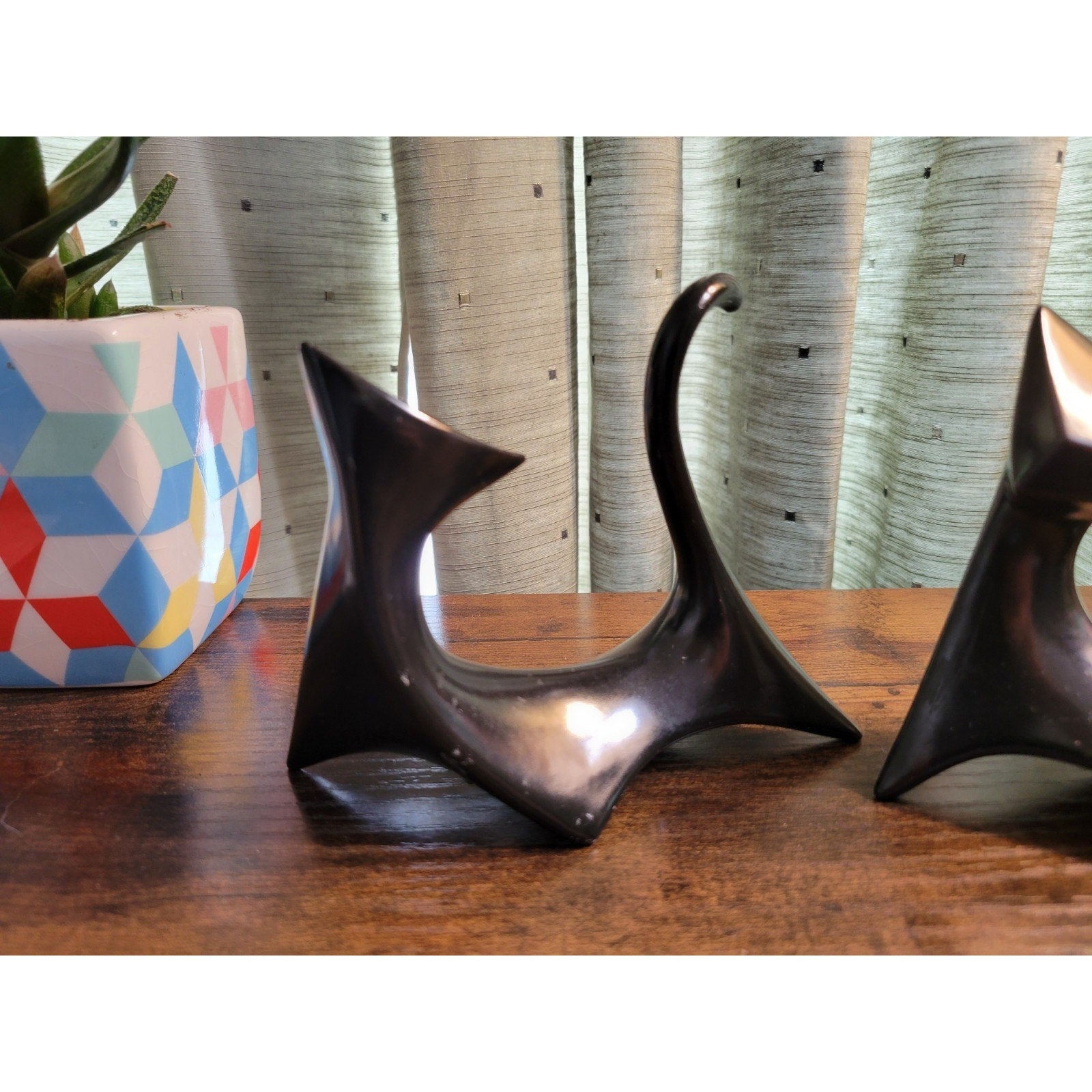 Pair of Mid Century Modern Cubist Atomic Black Ceramic Cat Figurines