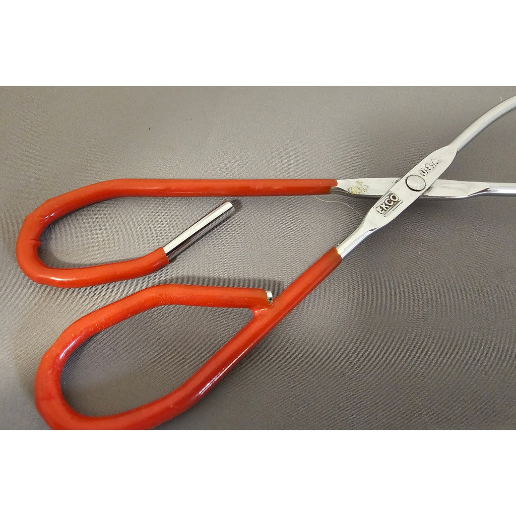 Vintage Ekco 10-1/2" Red Rubble Handle Stainless Steel Tongs - USA