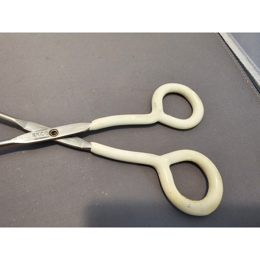Vintage Ekco 10" White Rubble Handle Stainless Steel Tongs - USA