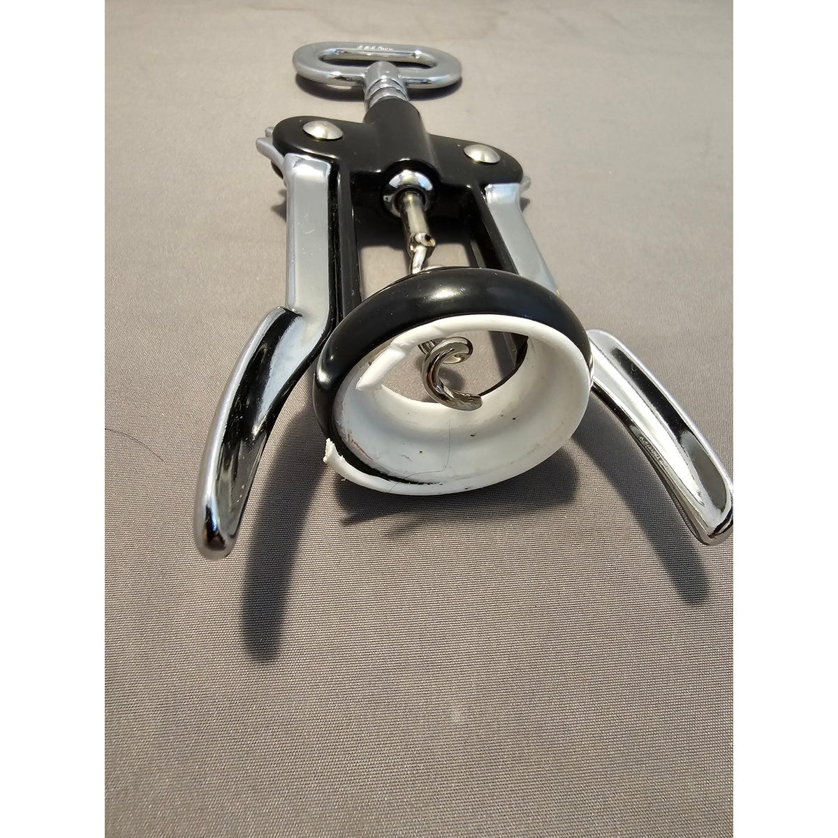 Pedrini Black/Silver Corkscrew Wine Bottle Opener w/Fins - Push Down-Italy-Used