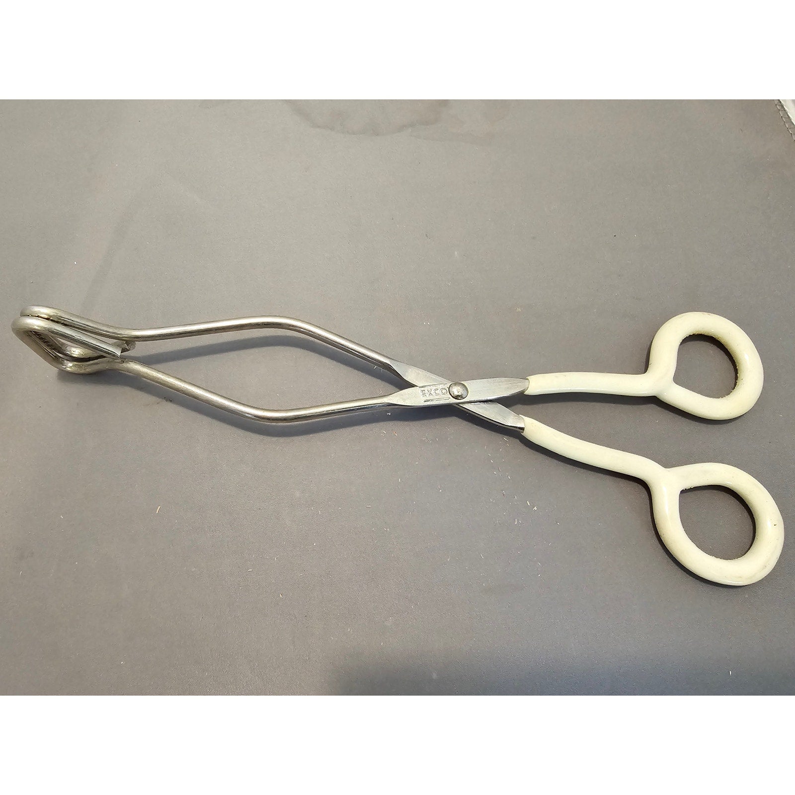Vintage Ekco 10" White Rubble Handle Stainless Steel Tongs - USA