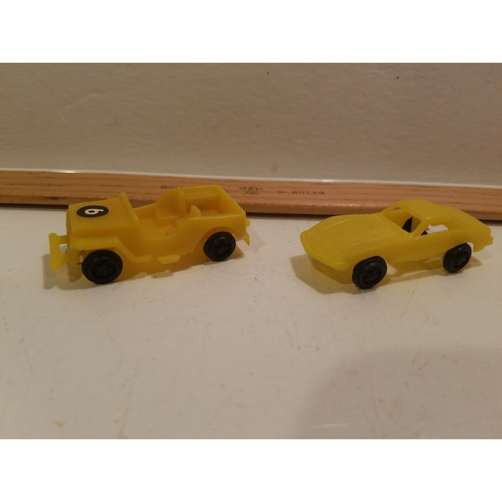 (2) Unbranded Yellow Plastic Toy Cars - Corvette & Jeep # 6 5 spoke/star tires