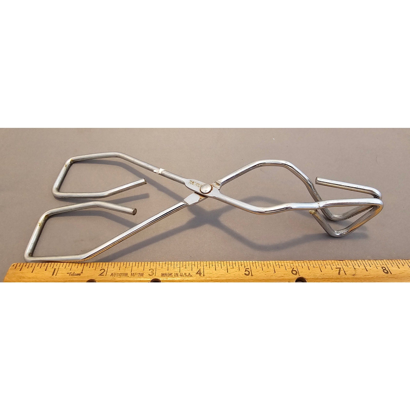 Vintage 8" Angled Stainless Steel Tongs - Made in Taiwan