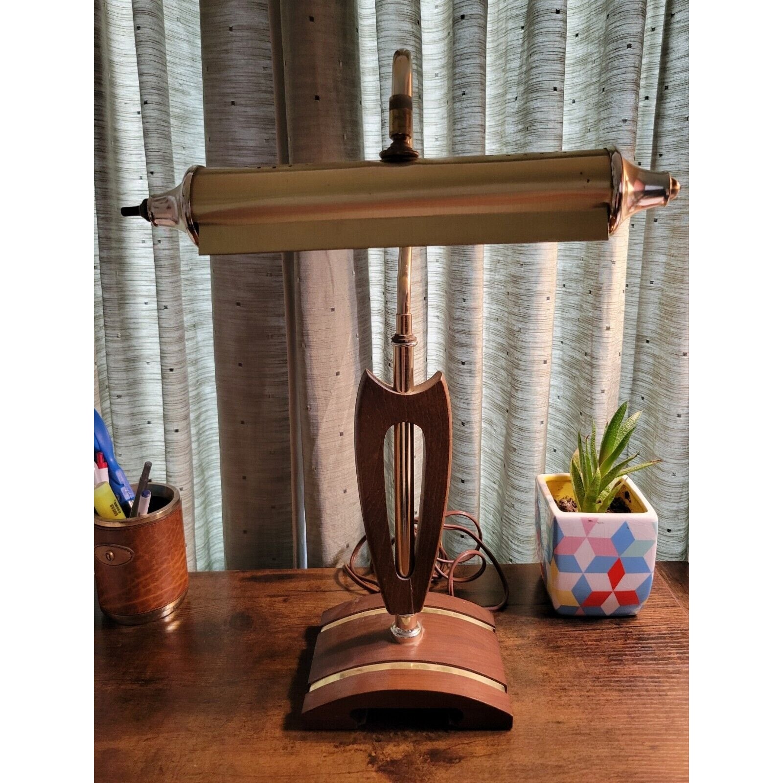 Mid Century Modern (MCM) Wood & Brass Desk/Piano Lamp - Retro Works!