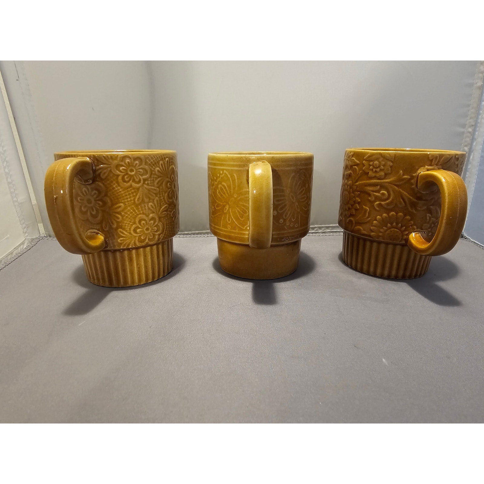 Lot of 3 Vintage/Mid Century Yellow Stackable Floral Coffee Cup/Mug - Japan