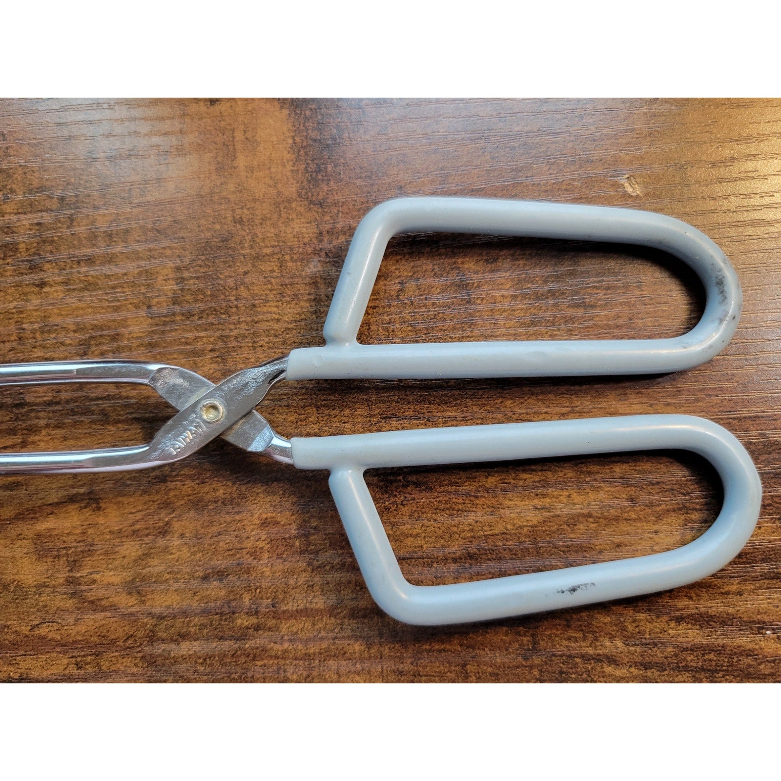 Vintage Light Blue/Grey Rubber Handle 10" Stainless Steel Tongs - Made in Taiwan
