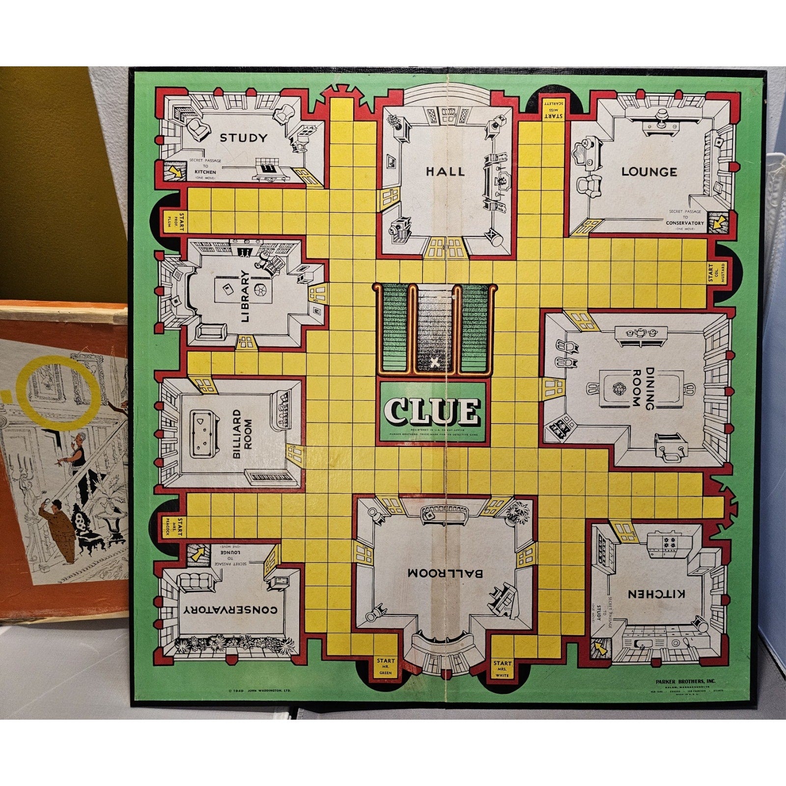 Vintage 1956 Clue Board Game - Replacement Parts - Original Box and Game Board