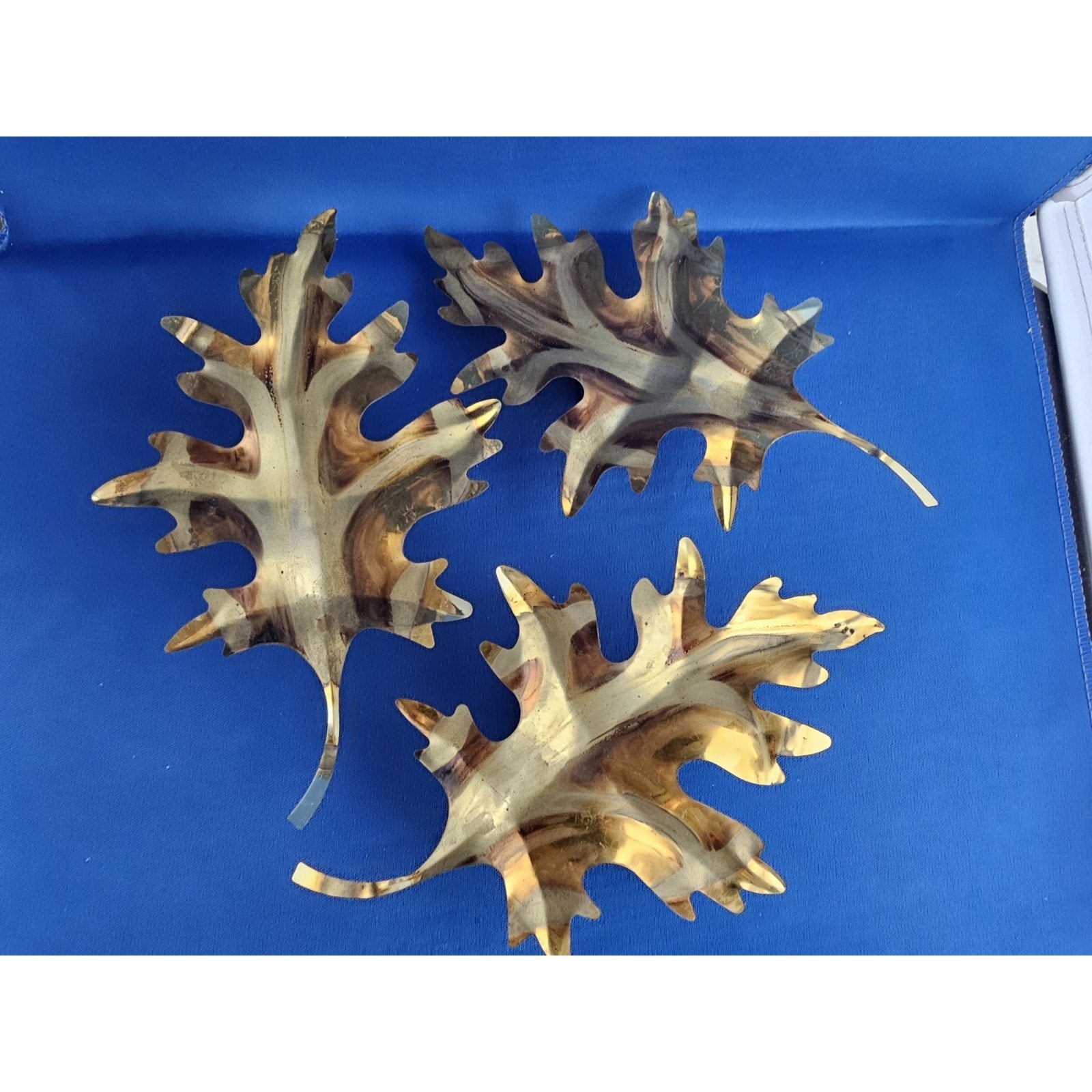 3 Vintage Gold Tone Metal Maple Leaves - 8 in - Home Wall Decor Fall/Autumn