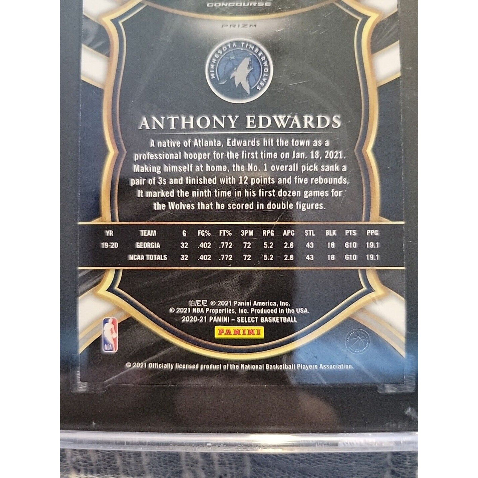 Anthony Edwards 2020-21 Panini Select #61 Silver Prizm Concourse #61 Rookie SGC9