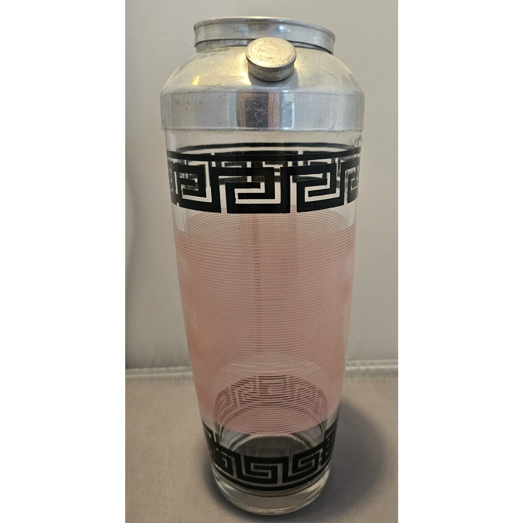Vintage/MCM Greek Key Pink Striped Black Bar/Cocktail Shaker 9-1/4 " Tall
