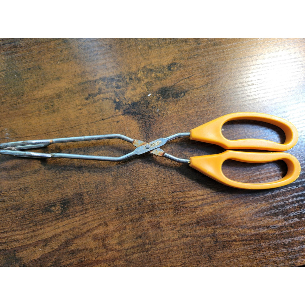 Vintage Yellow Plastic Handle 10" Stainless Steel Tongs - Made in China