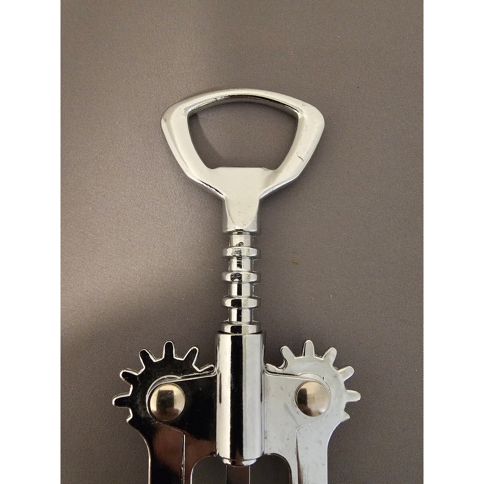 Silver Corkscrew Wine Bottle Opener w/Fins - Push Down - 6-1/4" - Used