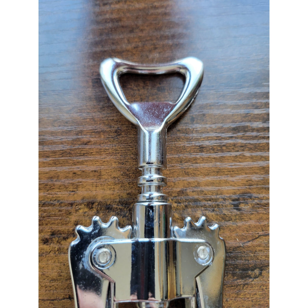 Silver Corkscrew Wine Bottle Opener w/Fins - Push Down - Used - Italy