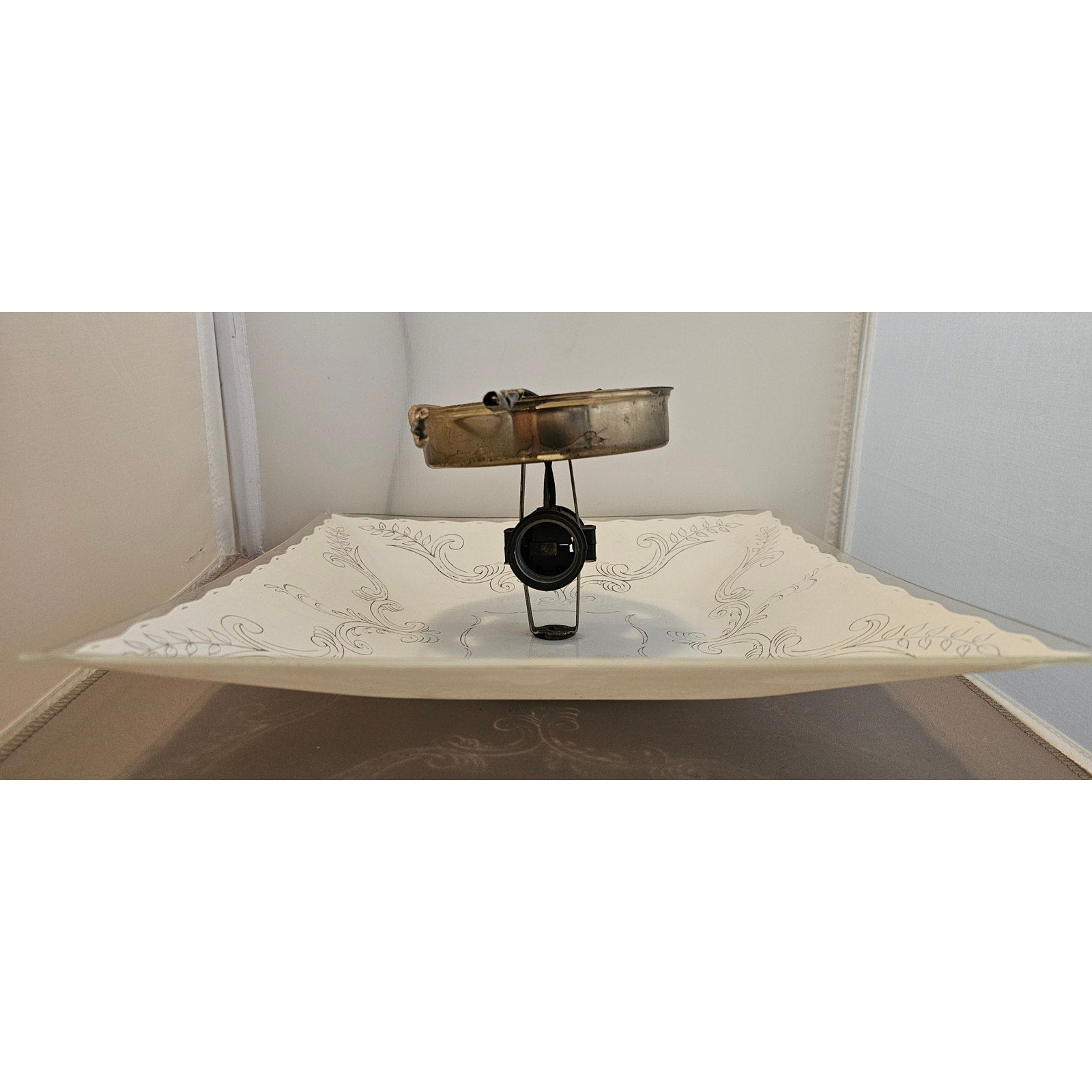 Vintage Mid Century Modern Square Ceiling Light Fixture w/Frosted Glass Floral