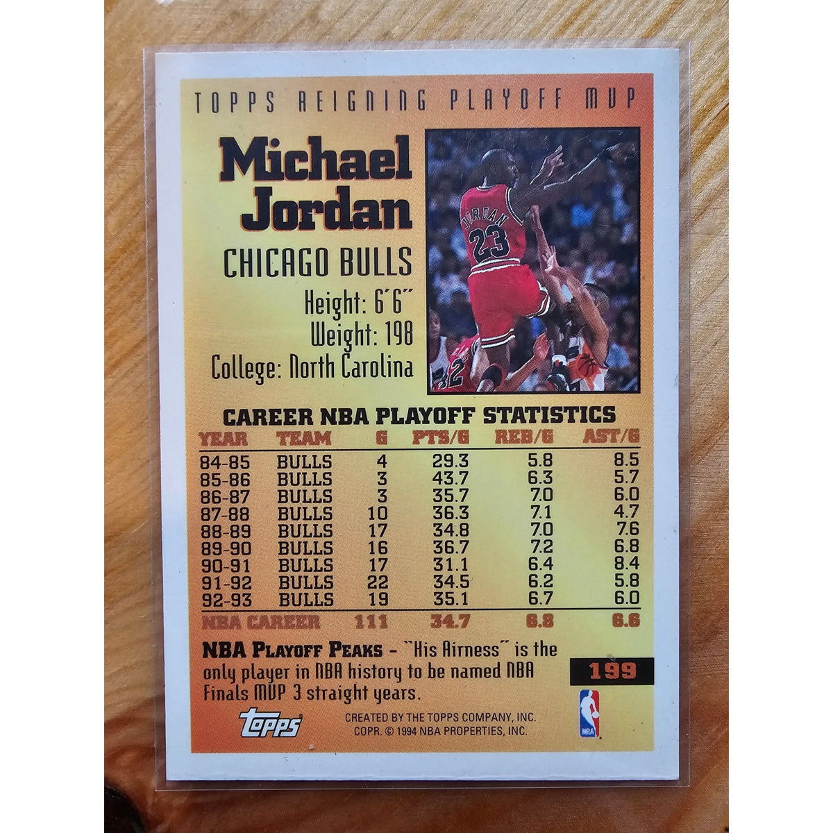 Michael Jordan 1993-1994 Topps #199 Reigning Playoff MVP - Chicago Bulls - NBA