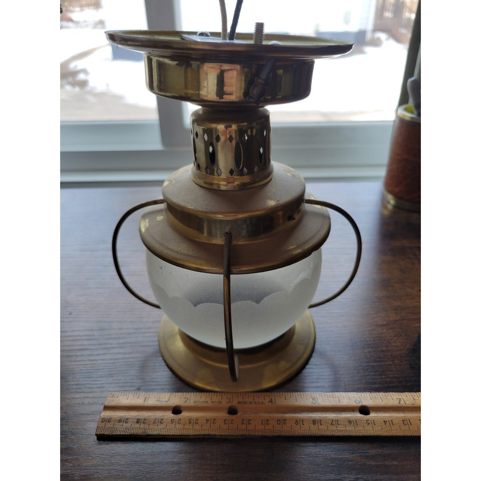 Vintage Mid-Century Modern Moe Light Gold Ceiling Fixture -Lantern Frosted Glass