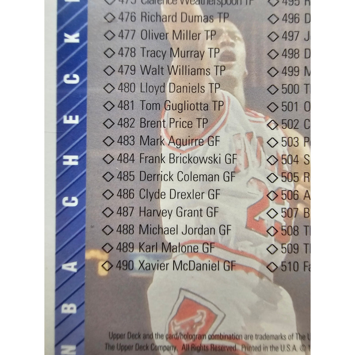 Michael Jordan 1992-1993 Upper Deck #420 Checklist - #421-510 - NBA