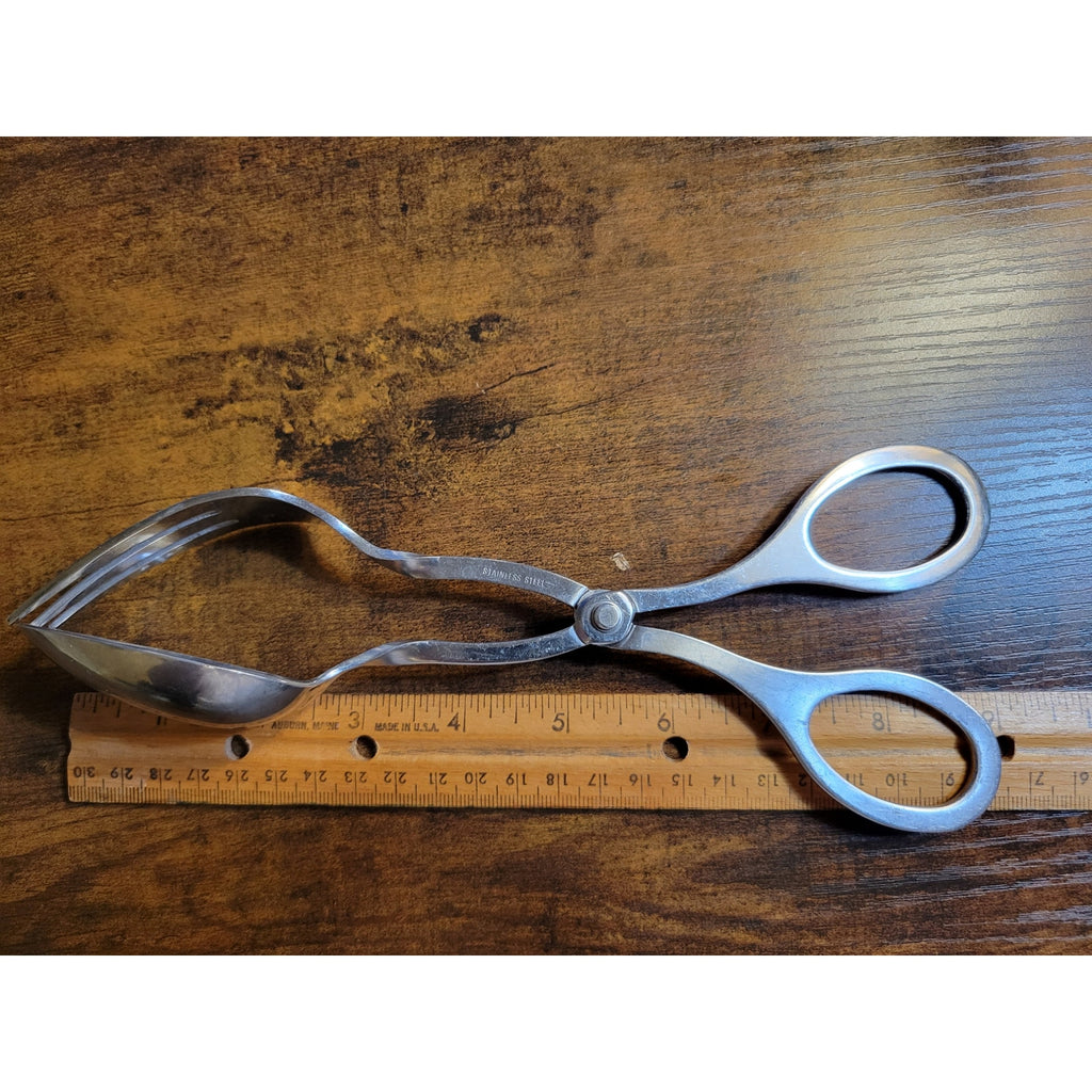 Silver Stainless Steel Salad Tongs - Spoon & Fork - 9" Long (used)