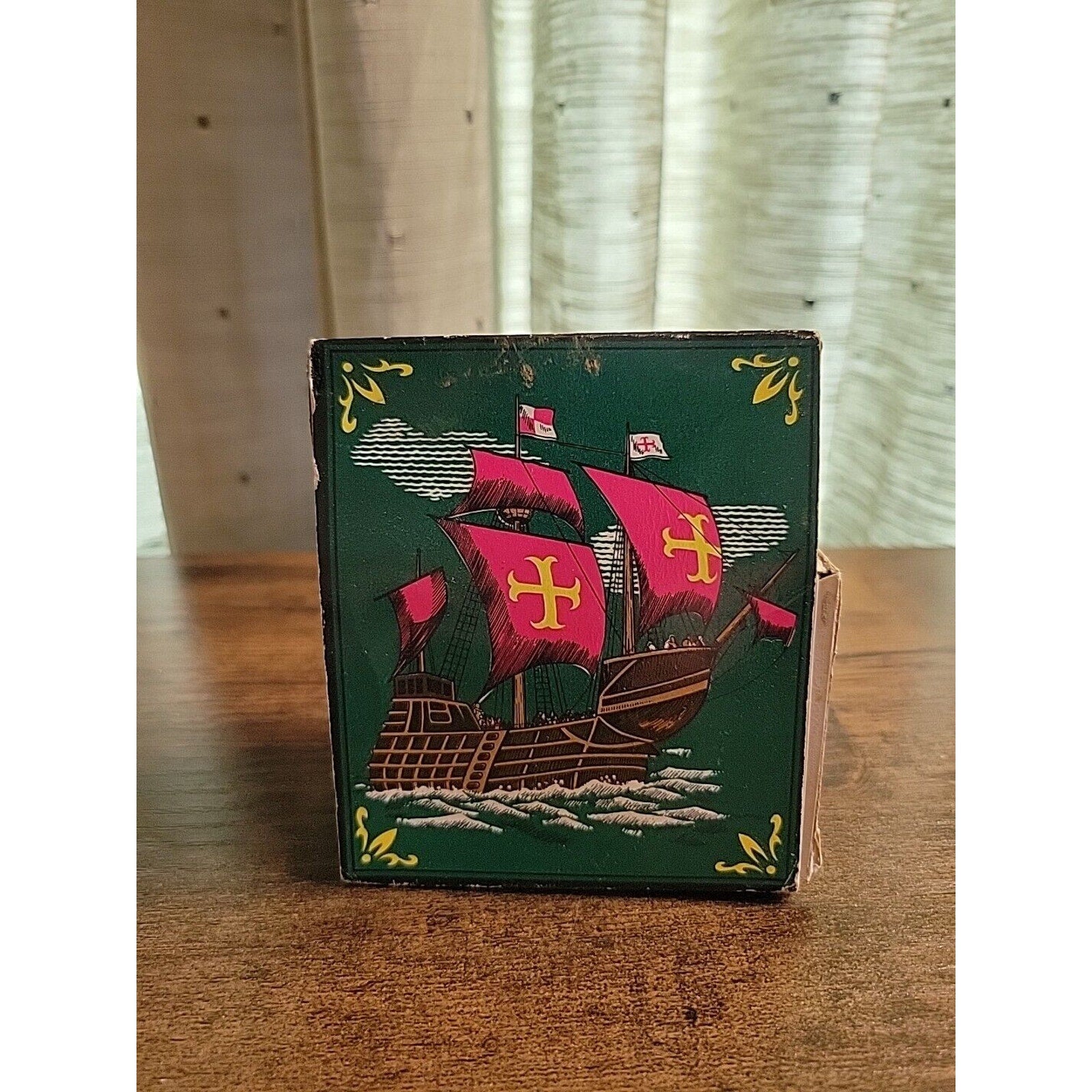 Vintage A.V.80 Match Sticks Box - Green/Orange Pirate Ships - Made in Japan