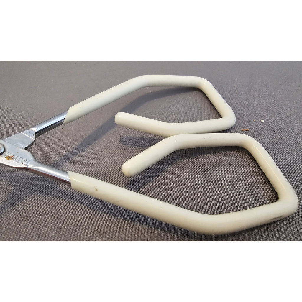 Vintage White Rubber Handle 8-1/2" Angled Stainless Steel Tongs - Made in Taiwan