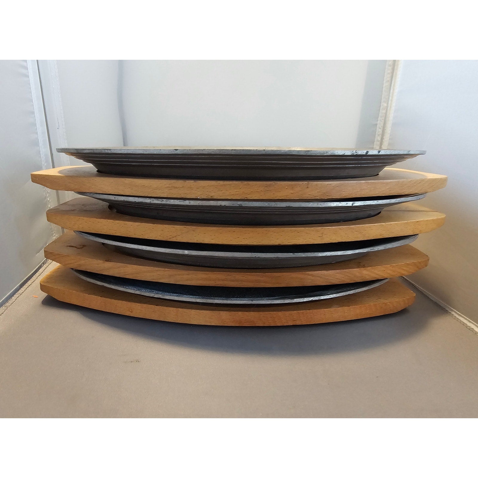 (4) Vintage Aluminum Housewares Platter Holder Steak/Fajita Server w/Wood-Japan