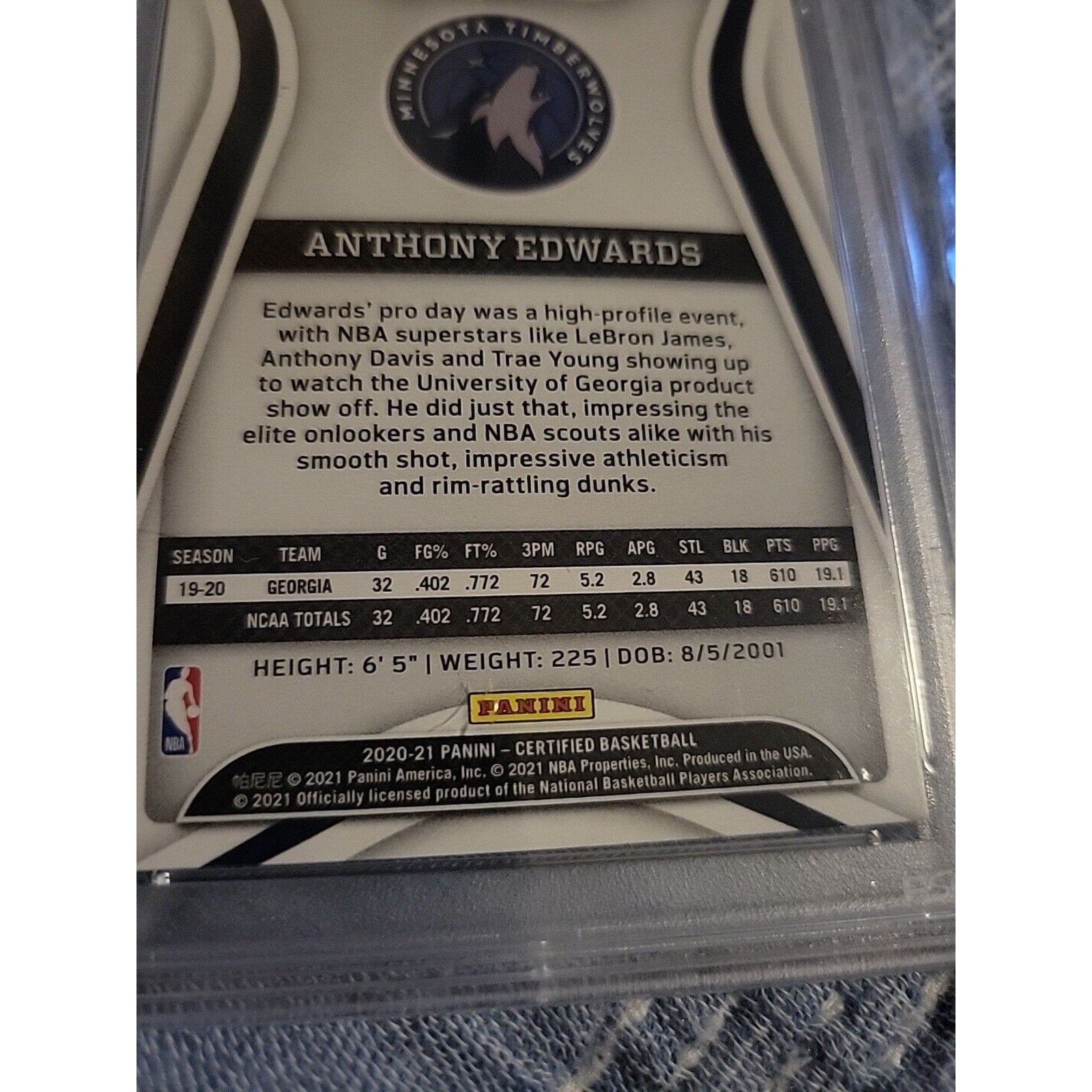 Anthony Edwards 2020-21 Panini Certified #200 RC/Rookie - PSA 9 Mint