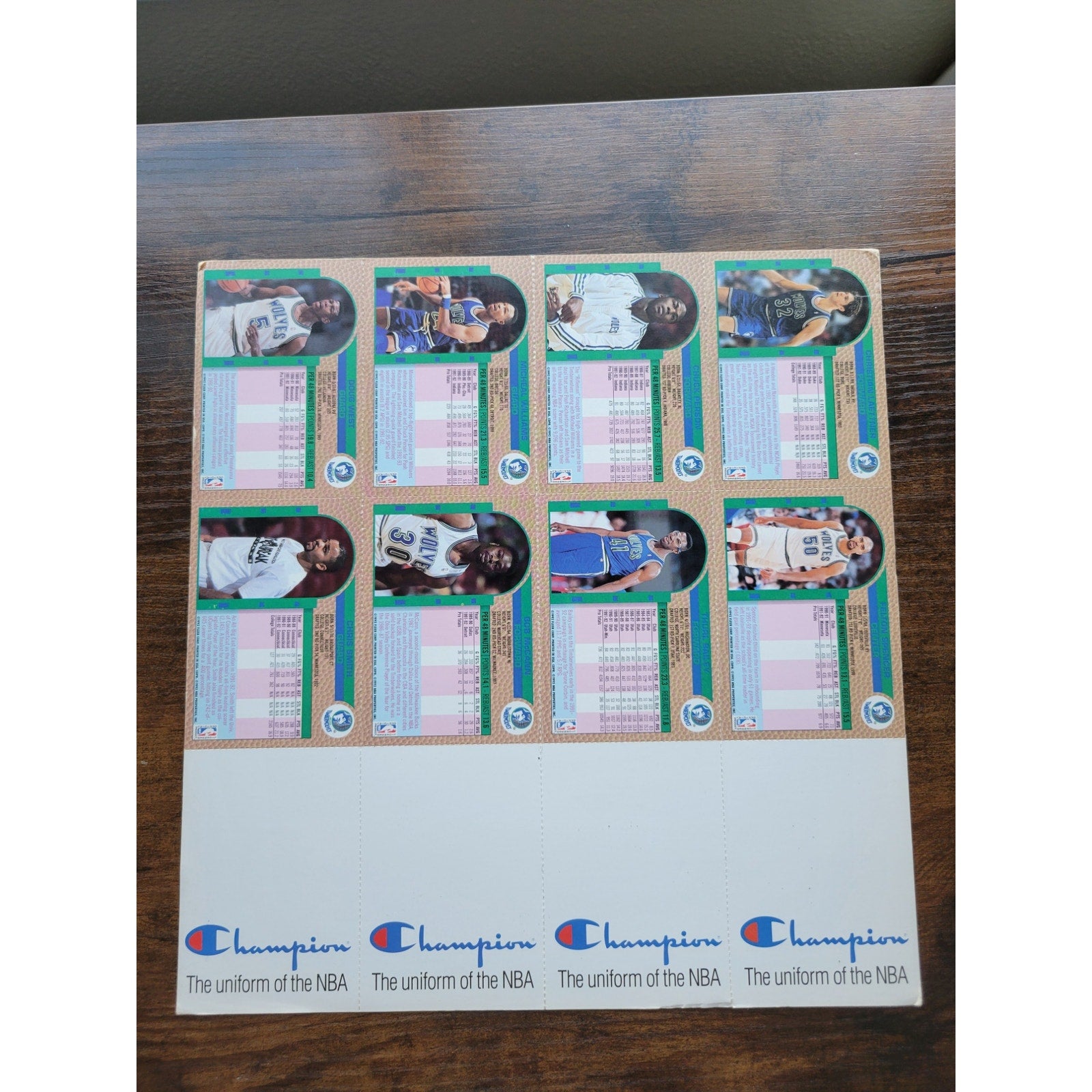 1992-93 Fleer Minnesota Timberwolves Champion uncut team sheet - Laettner Rookie
