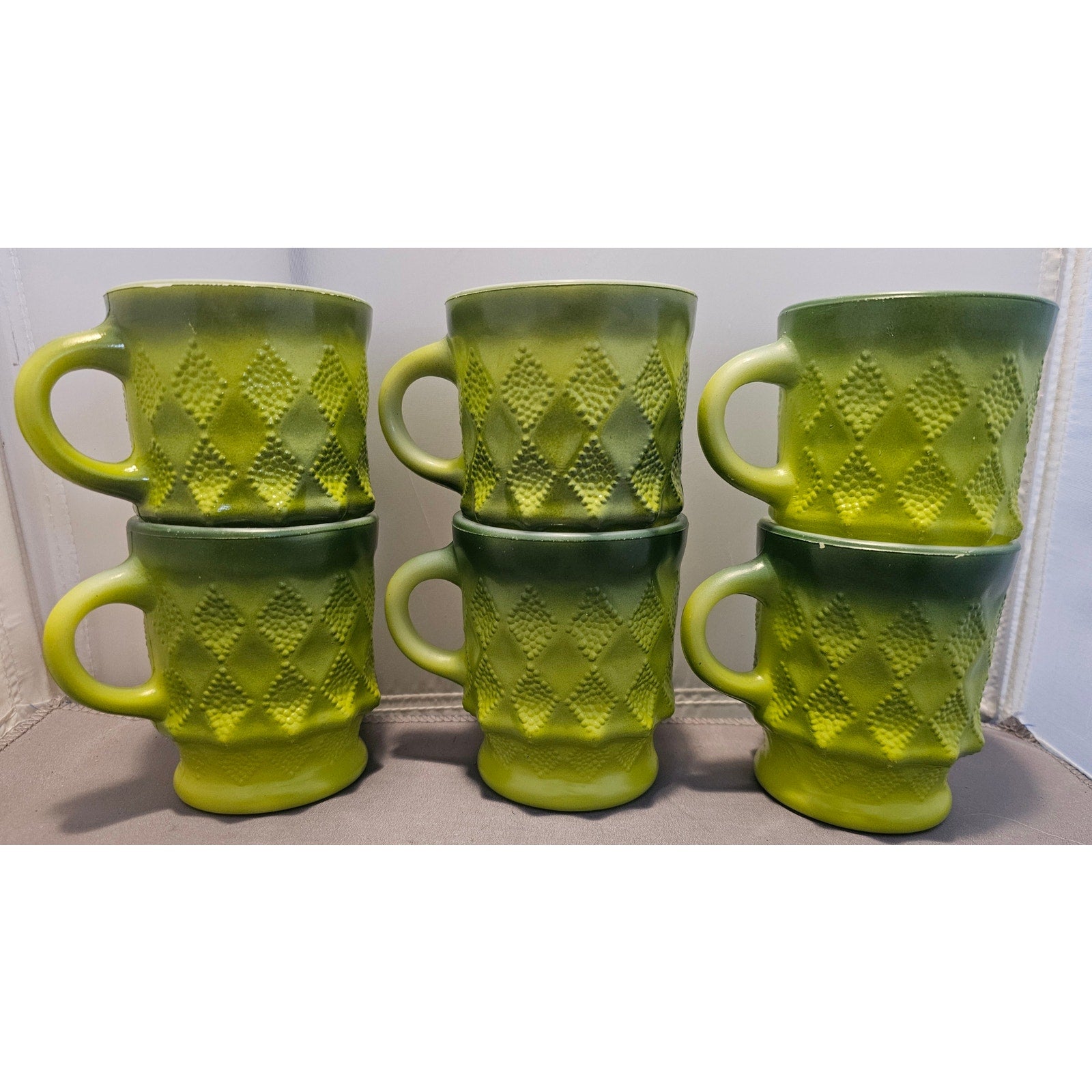 Lot of 6 Vintage Green Fire King Kimberly Diamond Point Coffee Cup/Mug - USA