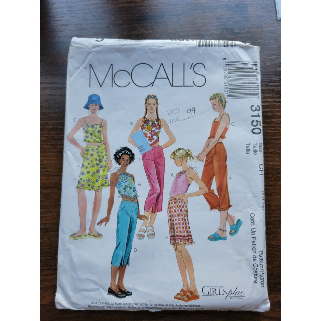 2001 McCall's 3150 Pattern - Teen Tank Pants Skirt - Size CH 7-8-10