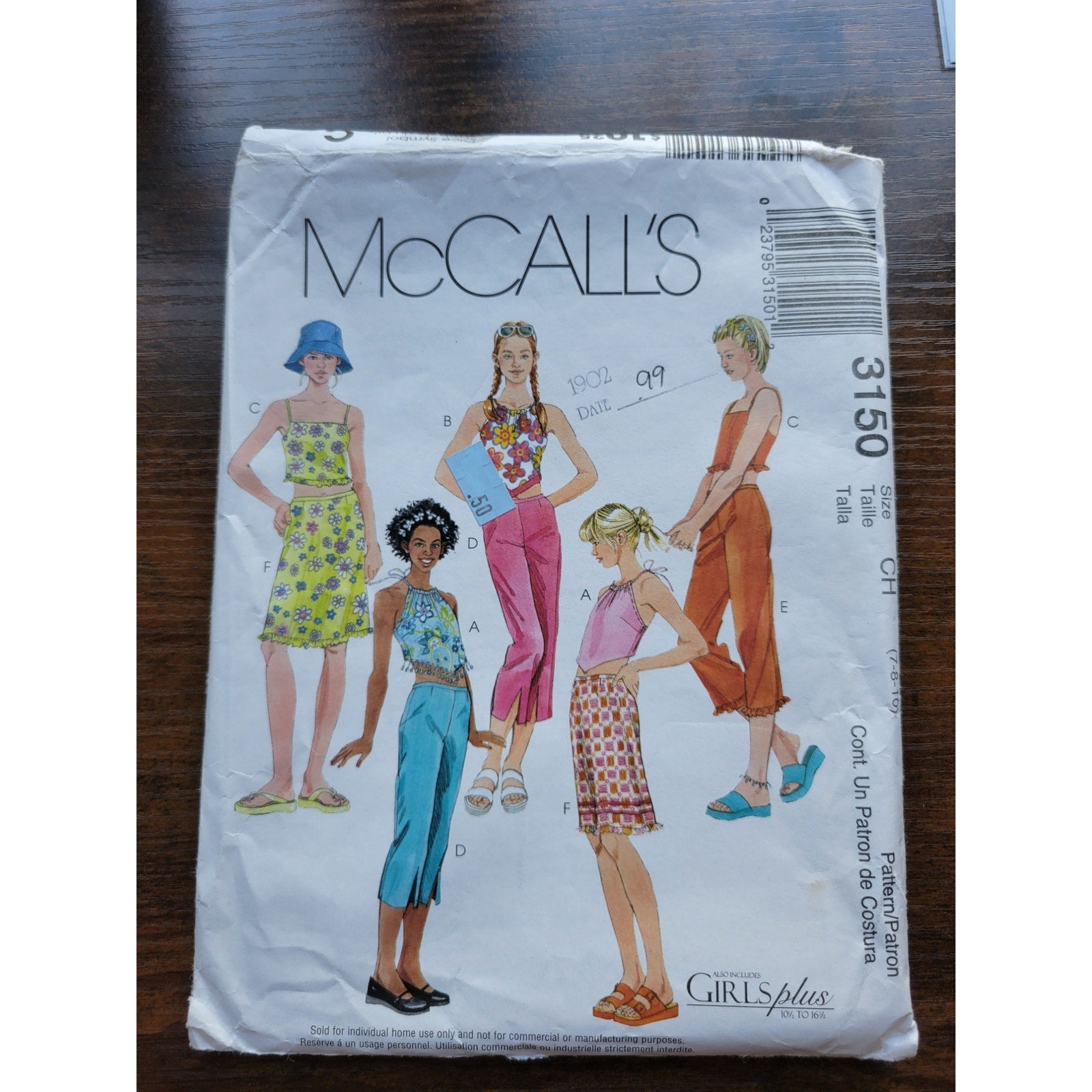2001 McCall's 3150 Pattern - Teen Tank Pants Skirt - Size CH 7-8-10