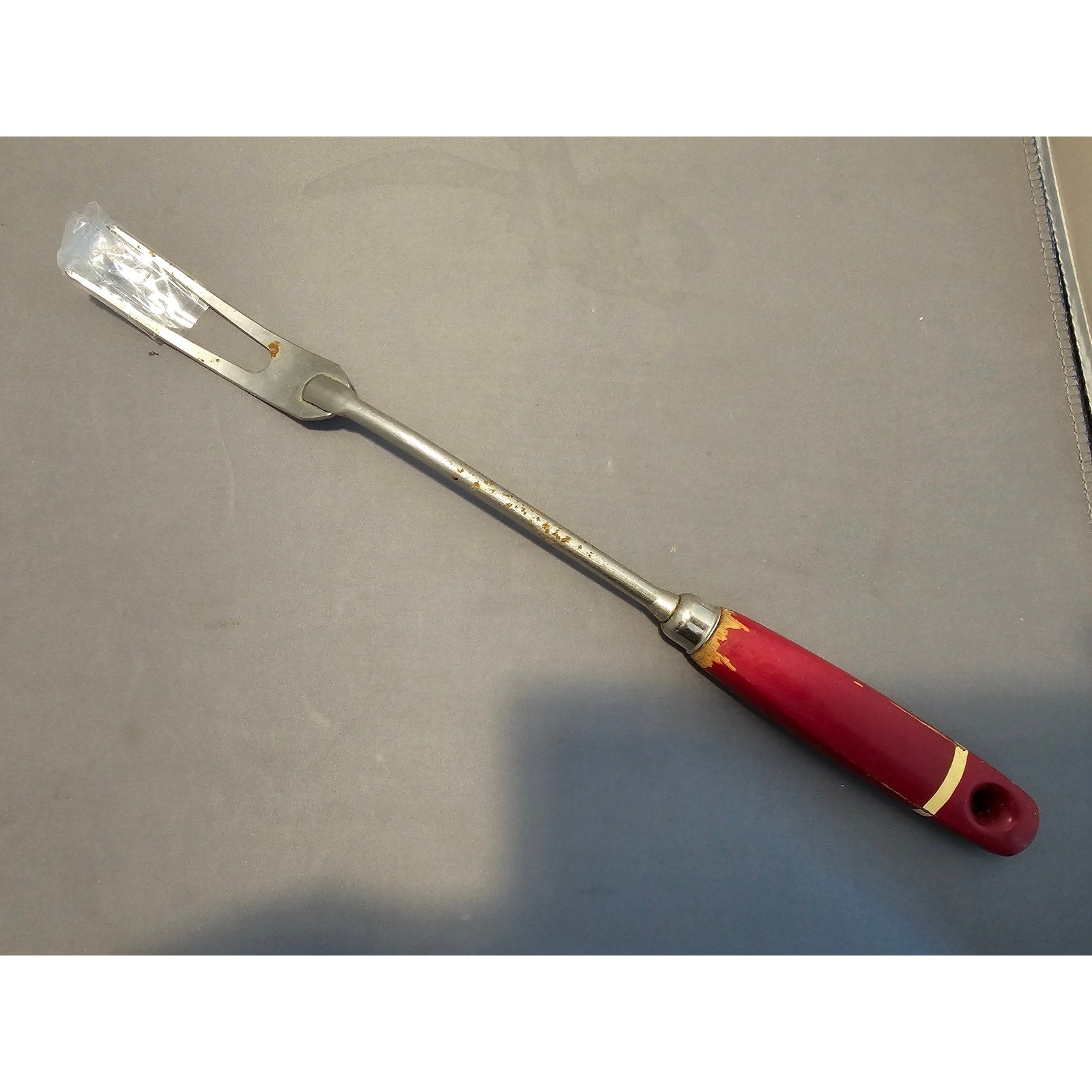 Vintage A&J 2-Prong Stainless Carving/Serving Fork w/Red Wood Handle - 12” Long