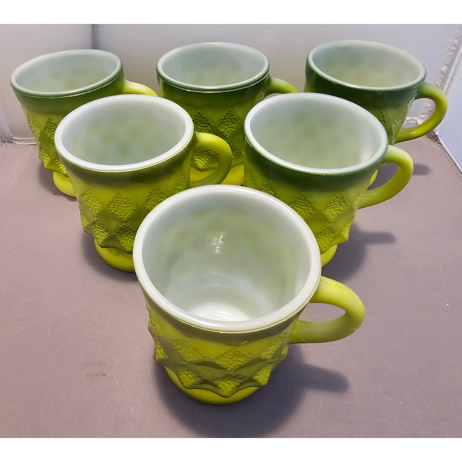 Lot of 6 Vintage Green Fire King Kimberly Diamond Point Coffee Cup/Mug - USA