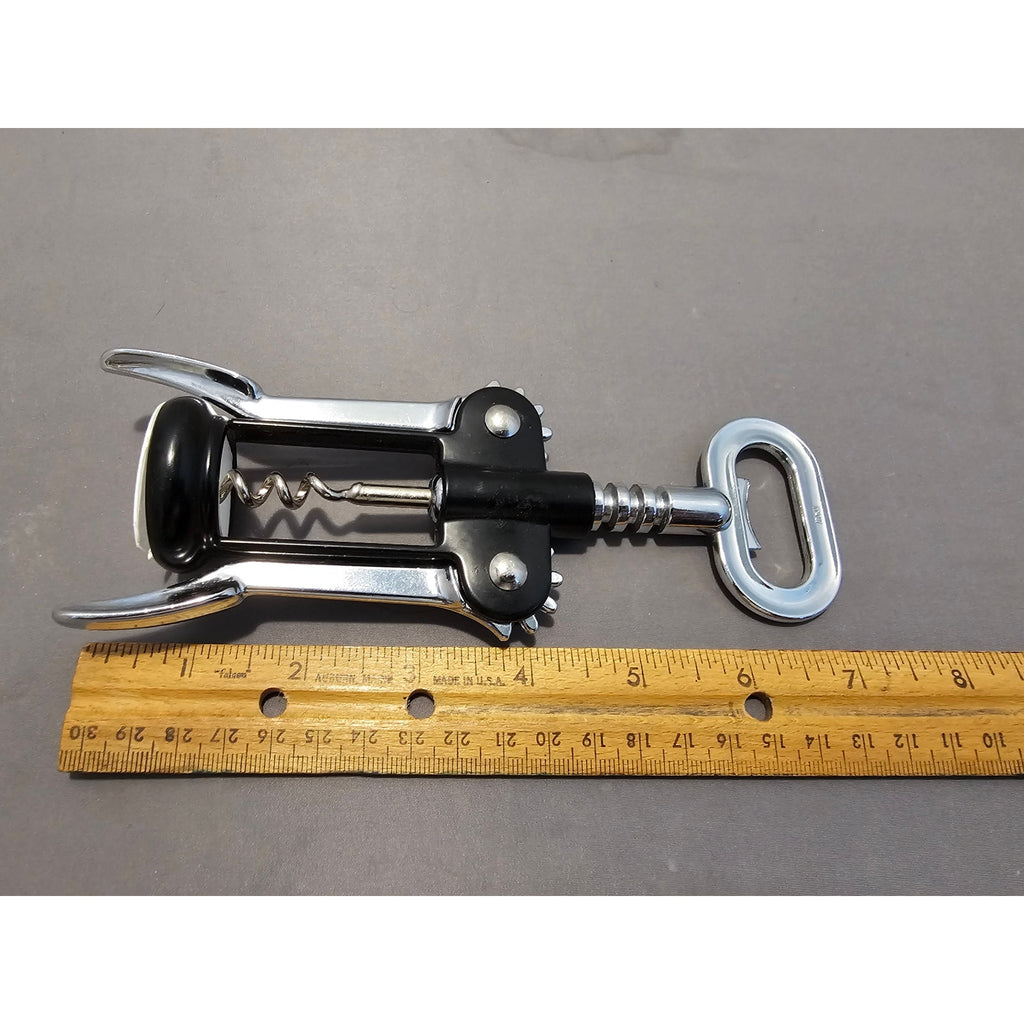 Pedrini Black/Silver Corkscrew Wine Bottle Opener w/Fins - Push Down-Italy-Used