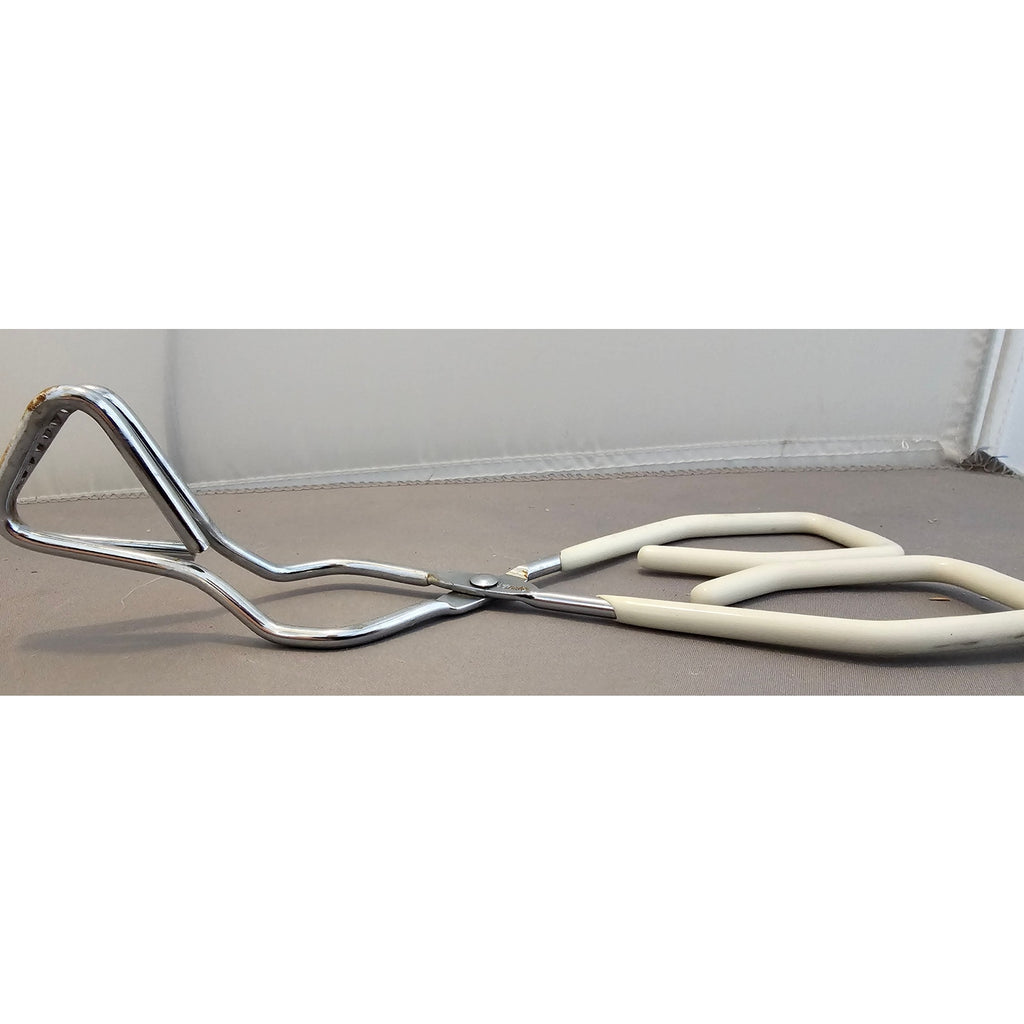 Vintage White Rubber Handle 8-1/2" Angled Stainless Steel Tongs - Made in Taiwan