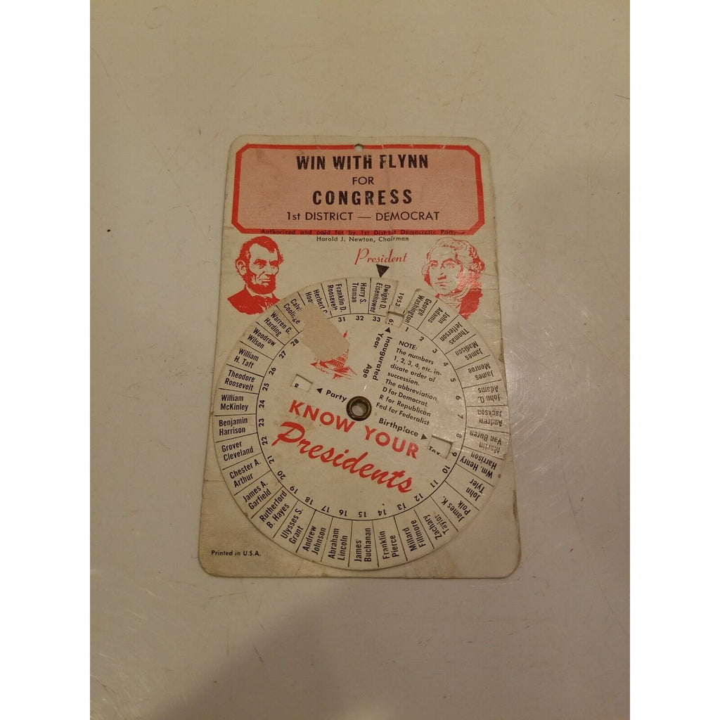1957/58 Win With Flynn for Congress 1st District WI Gerald President Wheel Chart