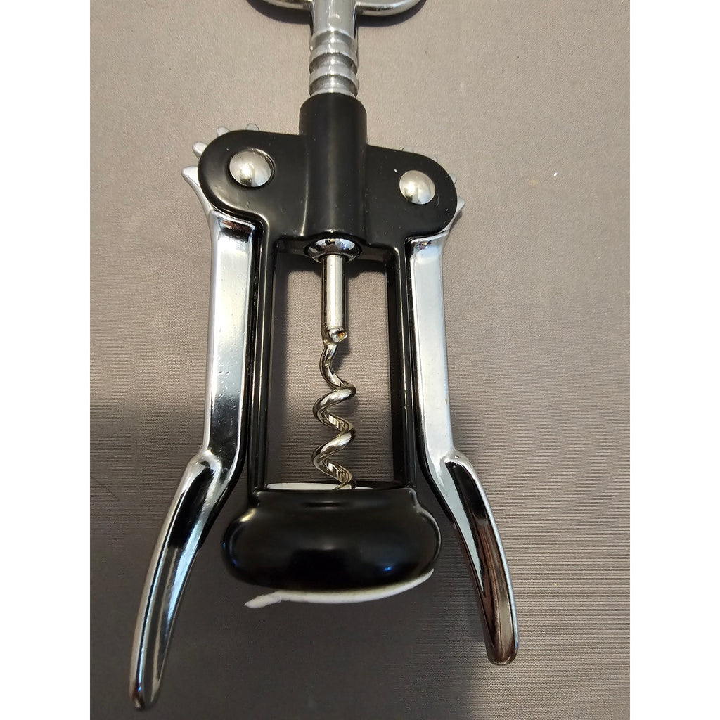 Pedrini Black/Silver Corkscrew Wine Bottle Opener w/Fins - Push Down-Italy-Used