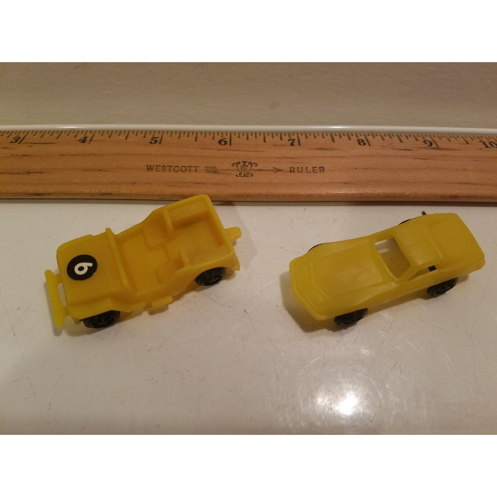 (2) Unbranded Yellow Plastic Toy Cars - Corvette & Jeep # 6 5 spoke/star tires
