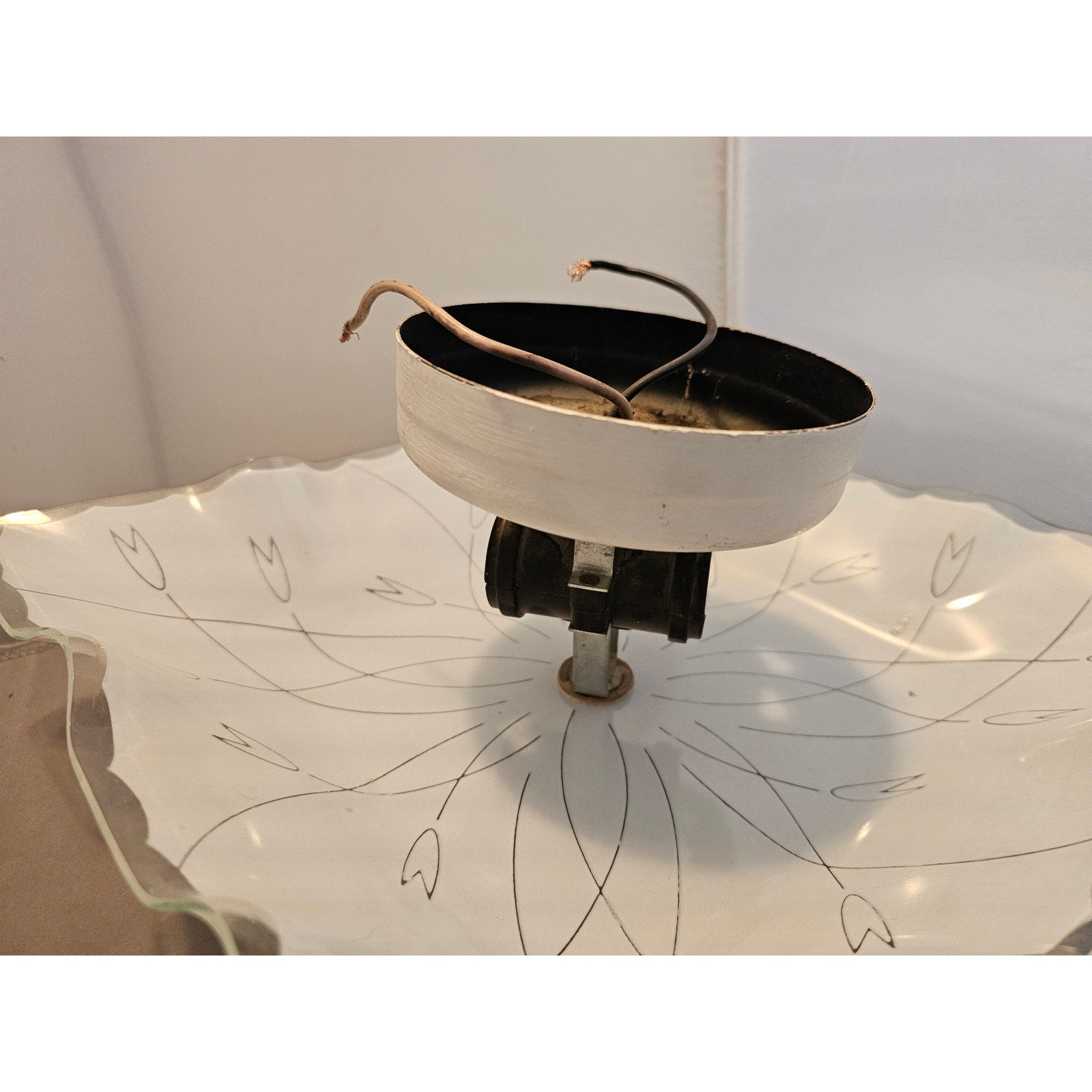 Vintage Mid Century Modern Square Ceiling Light Fixture w/Frosted Glass Floral