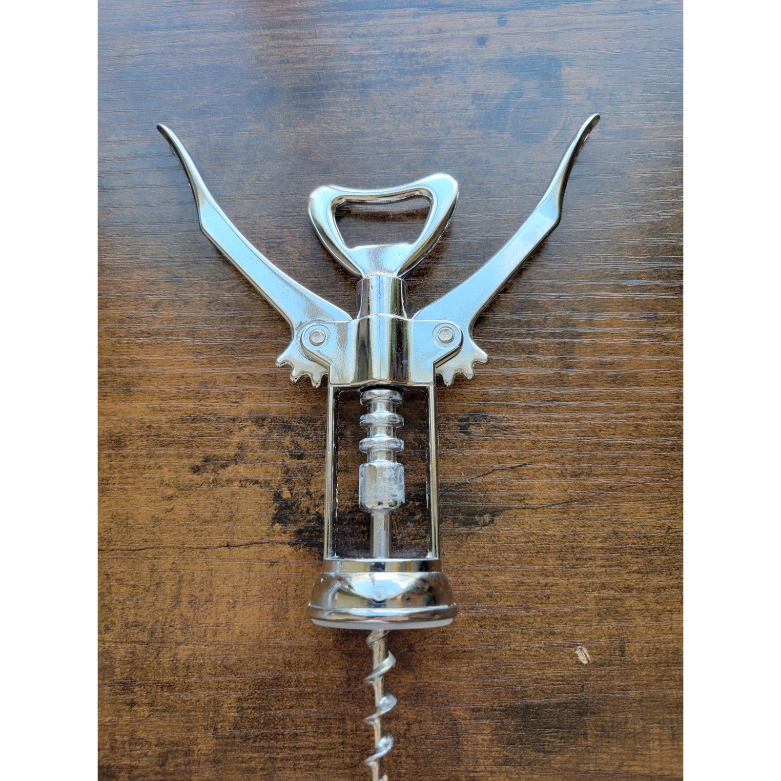 Silver Corkscrew Wine Bottle Opener w/Fins - Push Down - Used - Italy