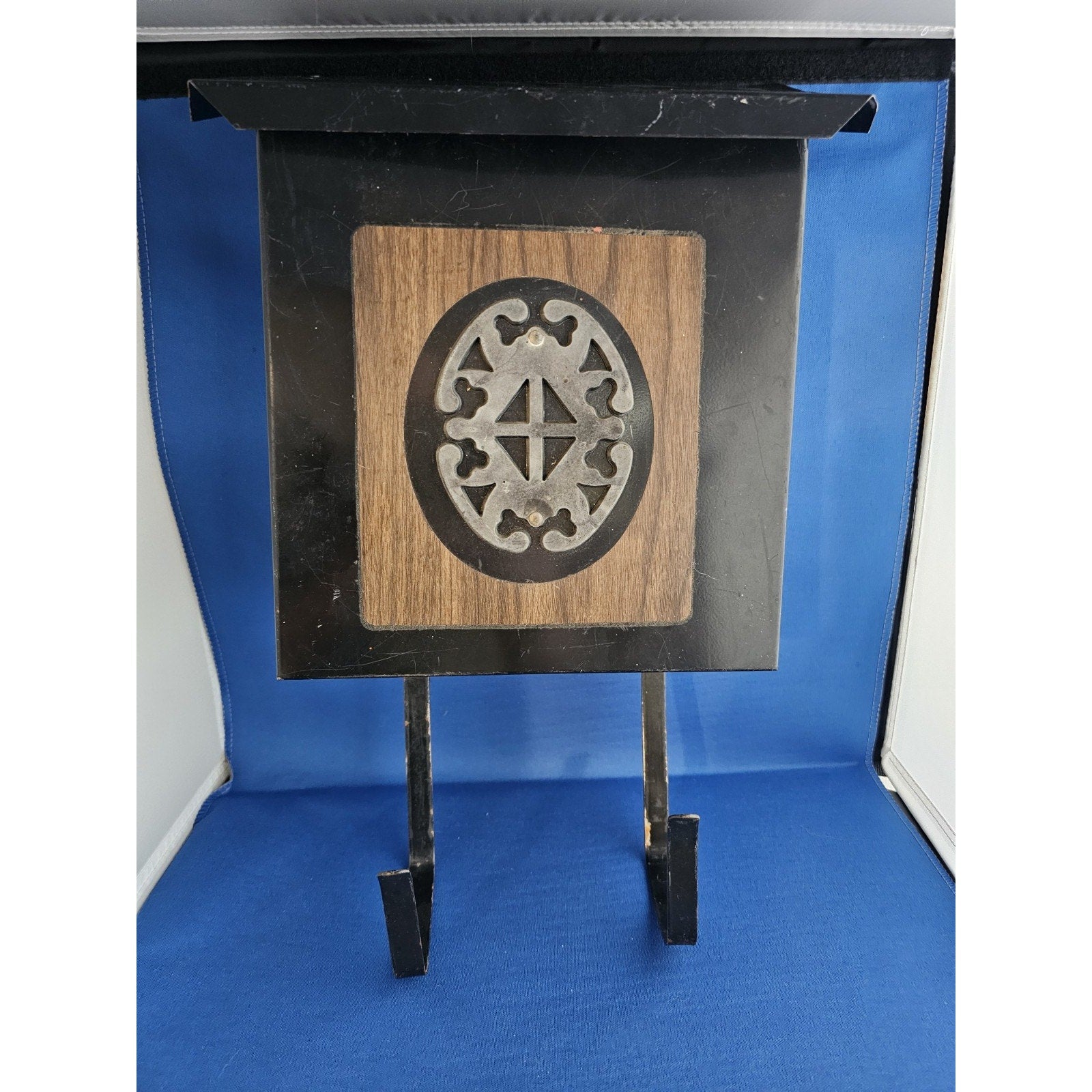 Vintage Black Metal Wall Mount Mailbox w/Emblem and Newspaper Rack Hooks