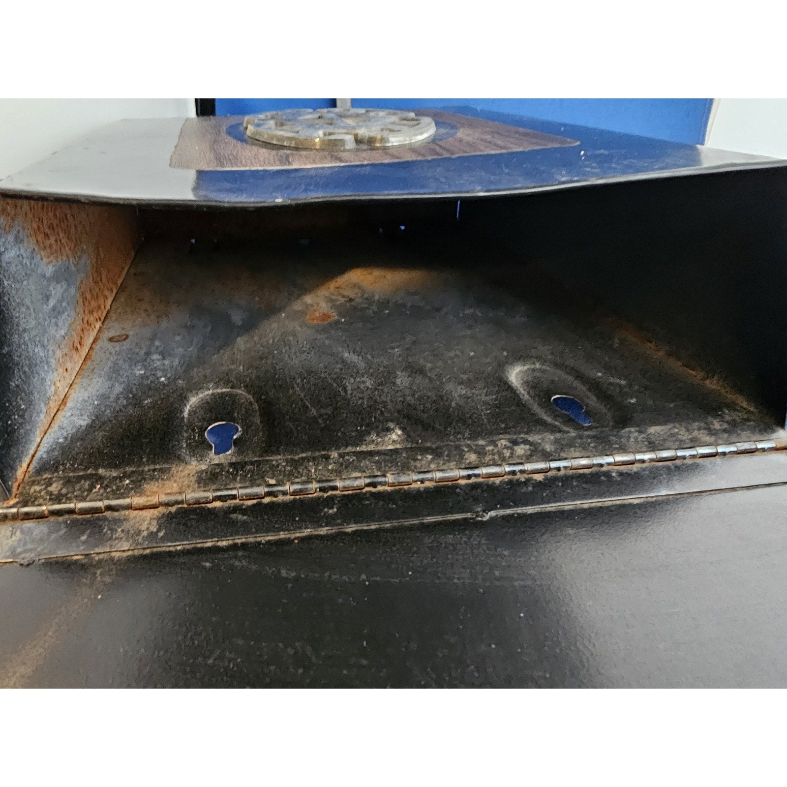 Vintage Black Metal Wall Mount Mailbox w/Emblem and Newspaper Rack Hooks