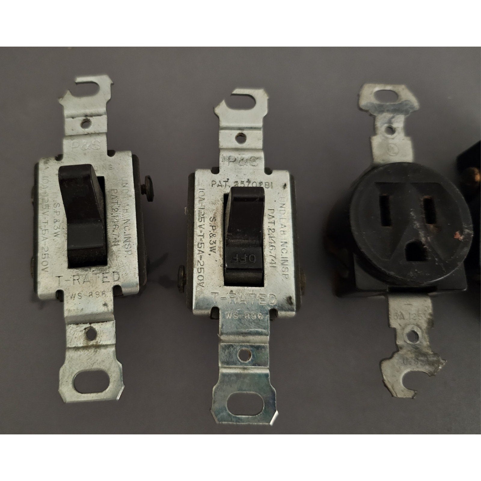 Lot of 4 Vintage Brown Electrical Devices - 2-Light Switches, 1-Outlet, 1- 6-20R