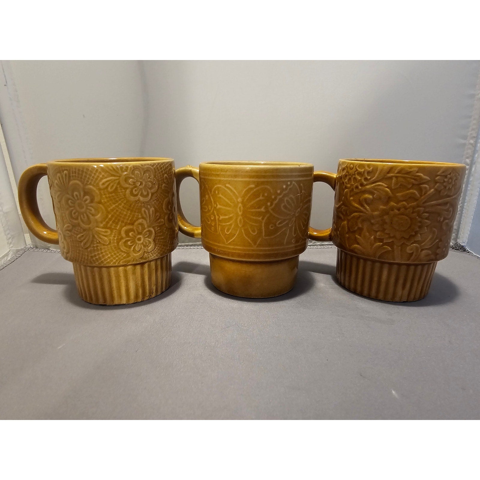 Lot of 3 Vintage/Mid Century Yellow Stackable Floral Coffee Cup/Mug - Japan