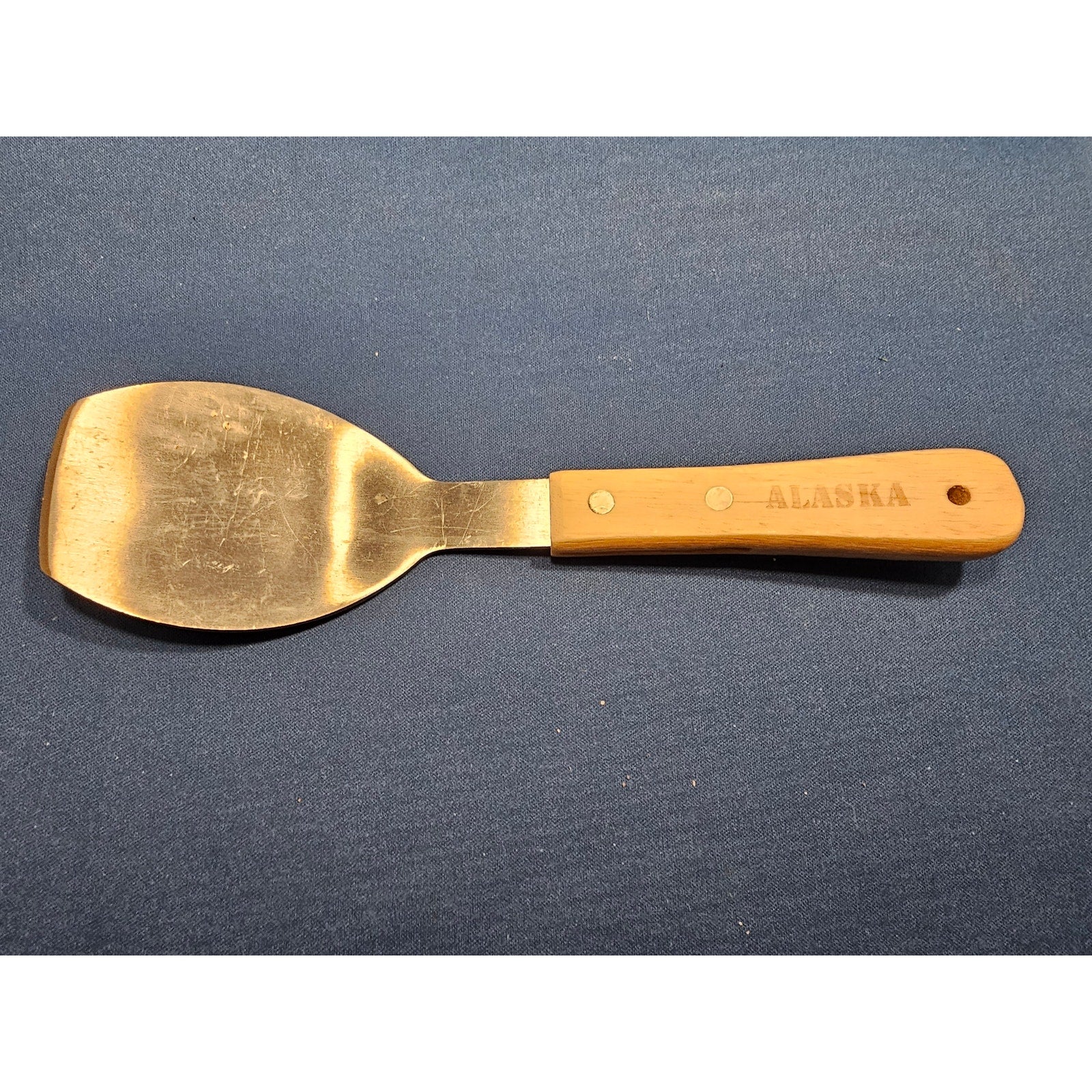 Vintage Stainless Steel 9-3/4" Ice Cream Scoop w/Rivet Wood Handle - Alaska