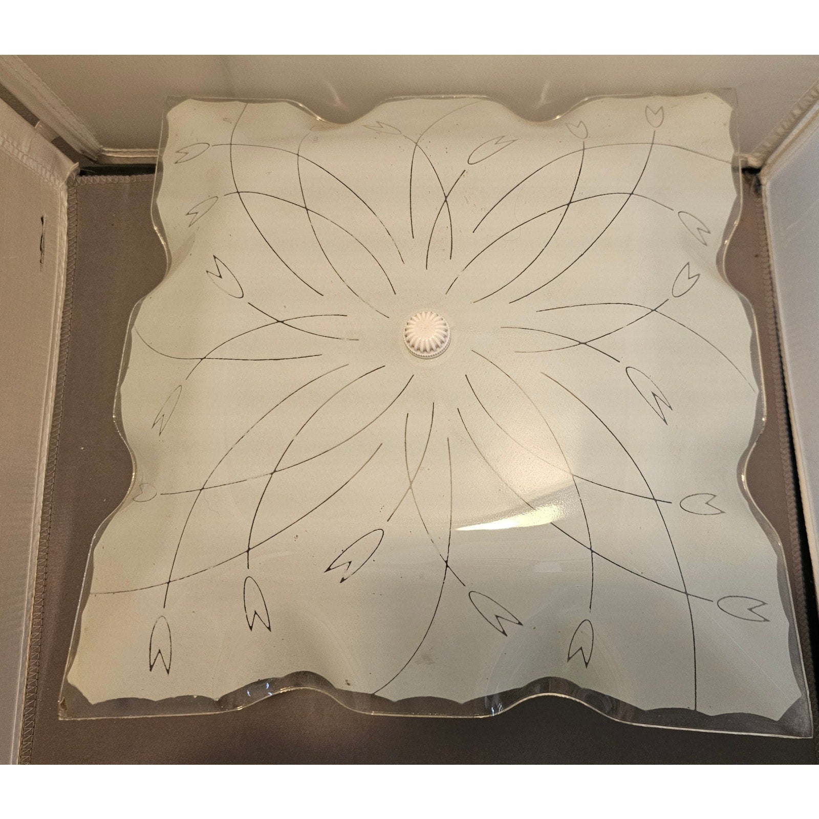 Vintage Mid Century Modern Square Ceiling Light Fixture w/Frosted Glass Floral