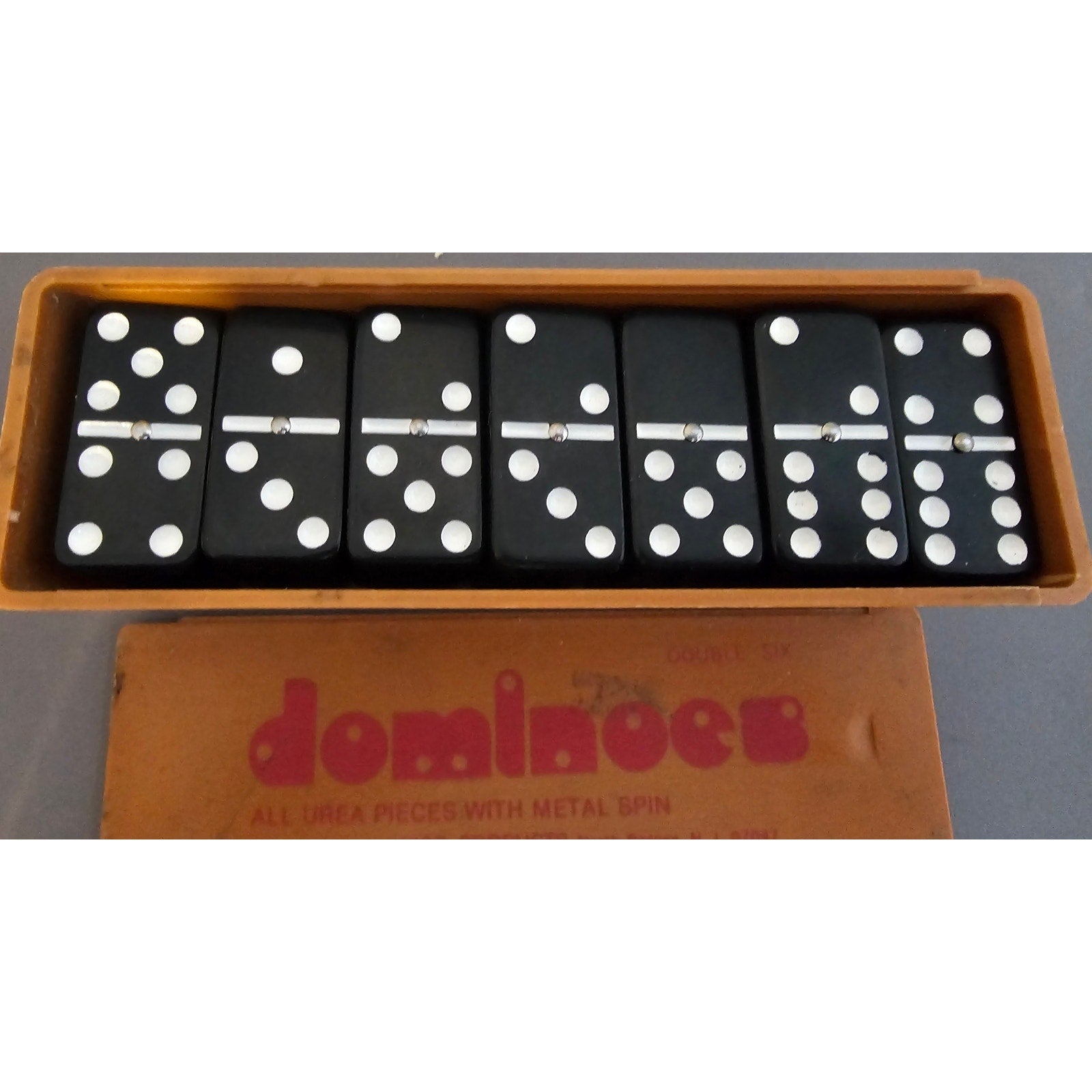 Vintage Black Urea Pieces w/Metal Spin Dominoes by Nico Products - 28 pcs w/Box