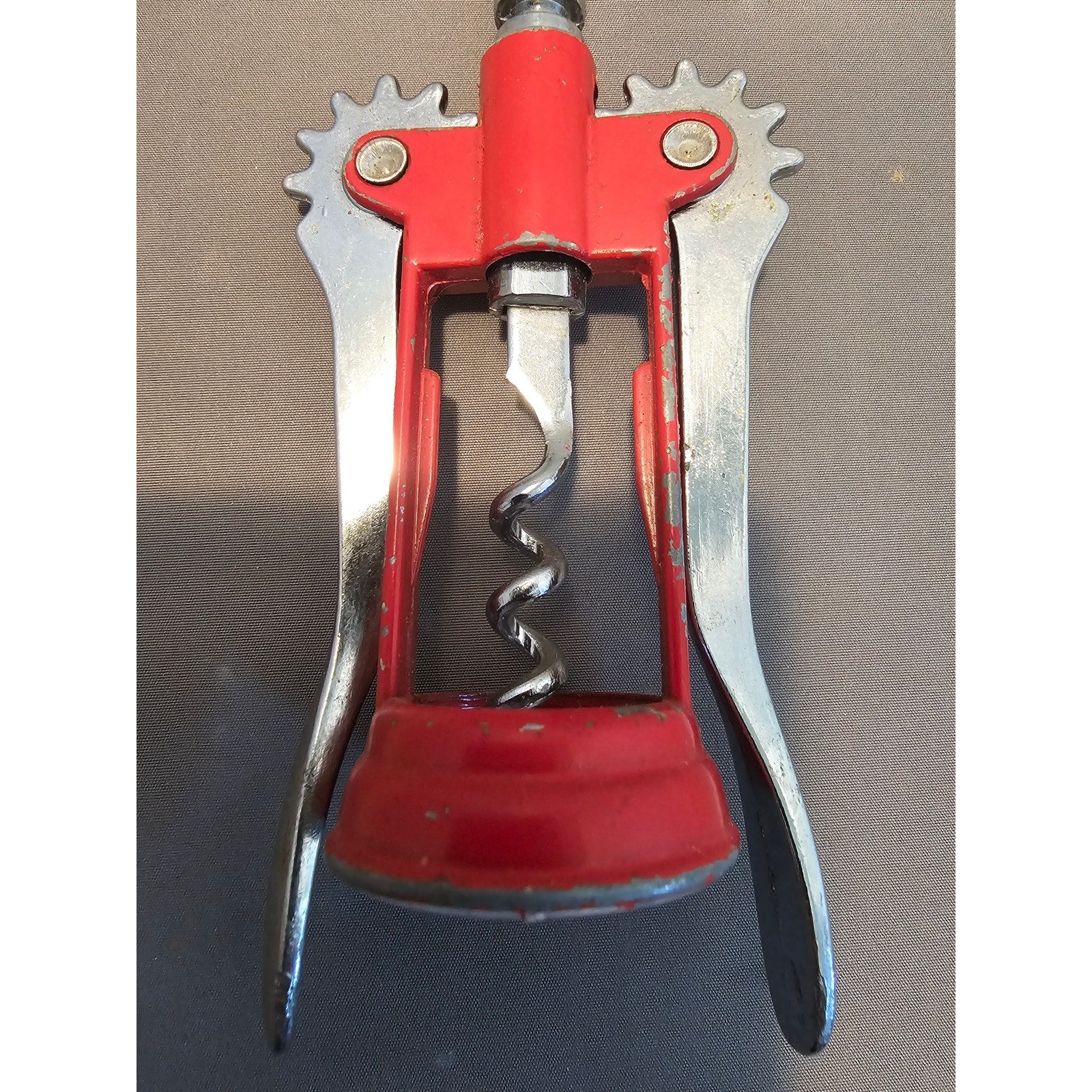 Red/Silver Corkscrew Wine Bottle Opener w/Fins - Push Down - 6-1/2"